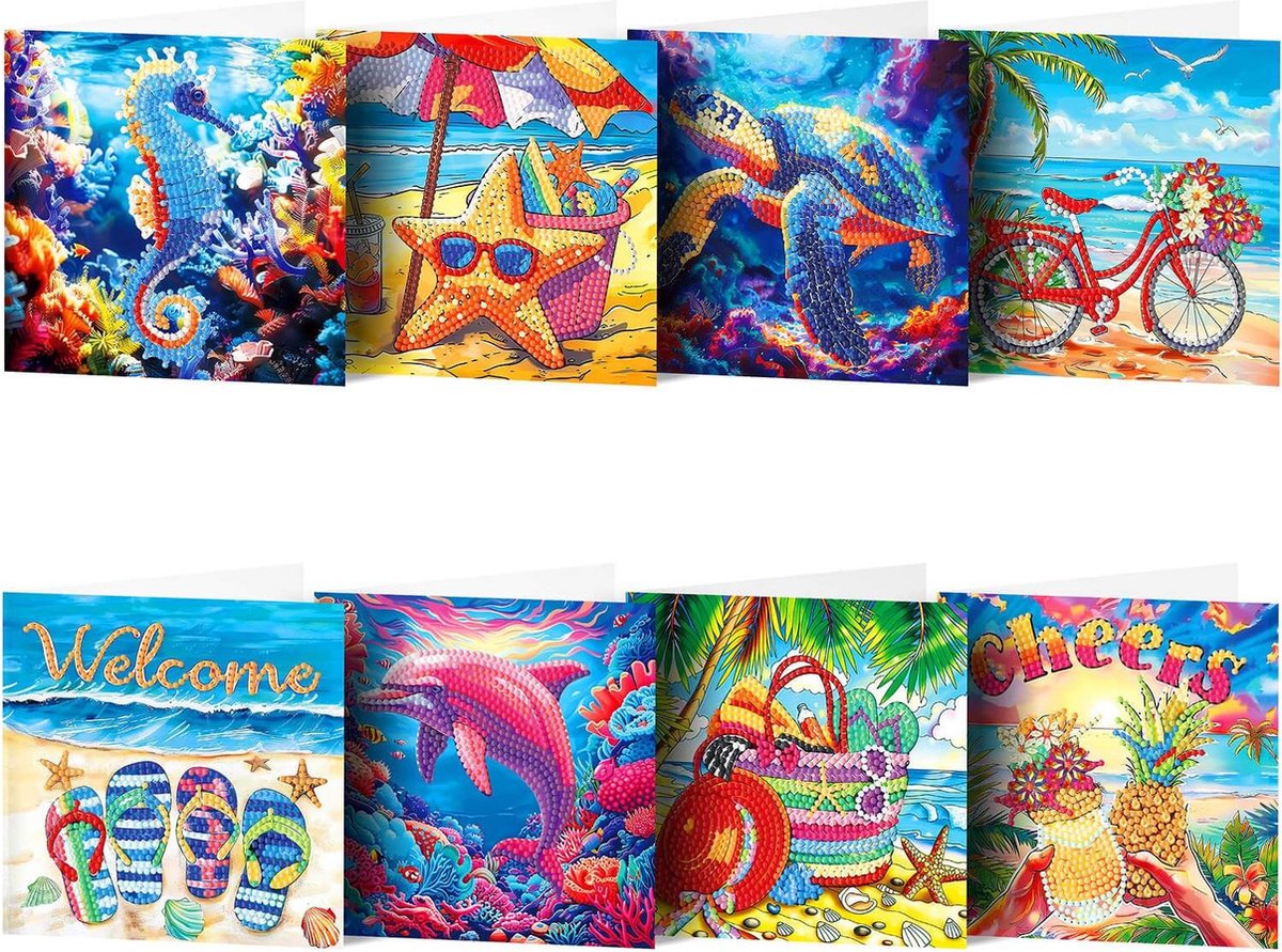 Adorzy Diamond Painting Kaarten Vakantie & Onderwater – 8 Wenskaarten met envelop - Diamond Painting Volwassenen – Diamond Painting Volledig Pakket