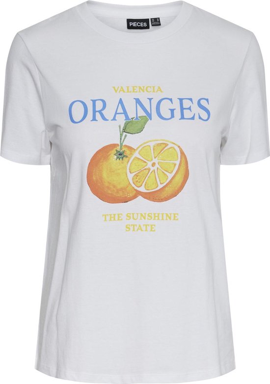 Pieces T-shirt Pcane Print Tee Bc 17149332 Bright White/oranges Dames Maat - S