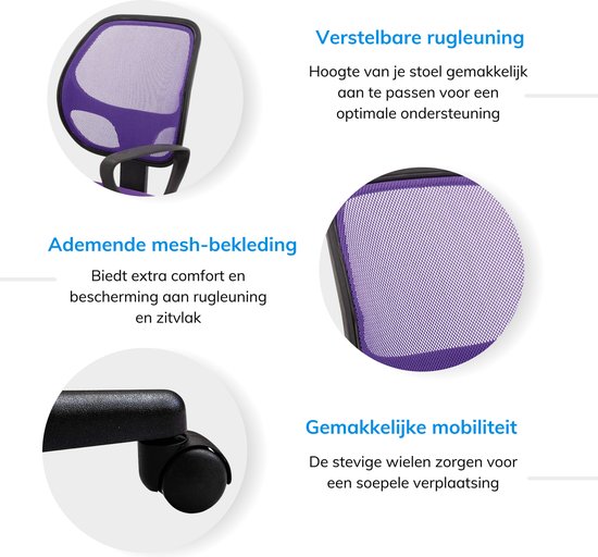 ACAZA Bureaustoel - Paars/Lila - Bureaustoel Kinderen - Stoel - Bureaustoel Kind - Kinderbureaustoel - Verstelbare Hoogte en Rugleuning
