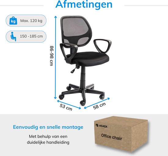 ACAZA Bureaustoel - Zwart - Bureaustoel Kinderen - Stoel - Bureaustoel Kind - Kinderbureaustoel - Verstelbare Hoogte en Rugleuning