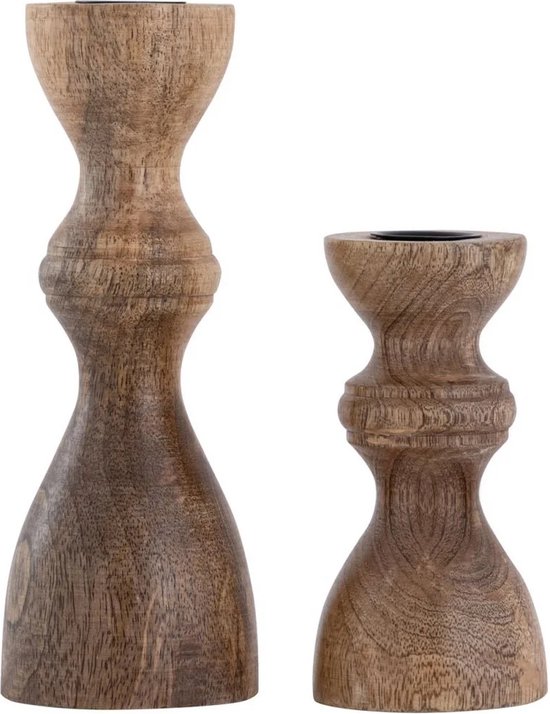 Foto: Bruin houten waxinelicht set van 2 windlicht set hout kandelaar kanderlaarset handgemaakt brown wood ronde vorm woon wonen decoratie woonaccessoires woonaccessoire chique landelijk waxine theelichthouder theelicht