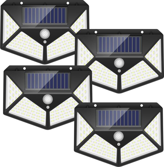 Delaveek-Solar Sensor Quad Wandlamp - Zwart - 12.5*9.6*5cm - Wit 6000K-6500K -100LED - Drie standen - Set van vier
