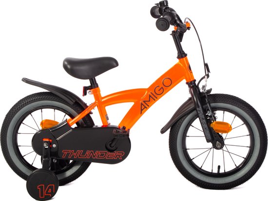 AMIGO Thunder Boys Bicycle 14 pouces - Vélo pour enfants de 3 à 5 ans - 95-110 cm - Avec Roues d'entraînement - Oranje/ Zwart