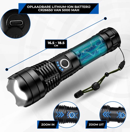 De Besjaar zaklamp met afmetingen 16.5-18.5 cm. Oplaadbare lithium-ion batterij CR26650 van 5000 mAh. Zoom in en zoom uit functies.