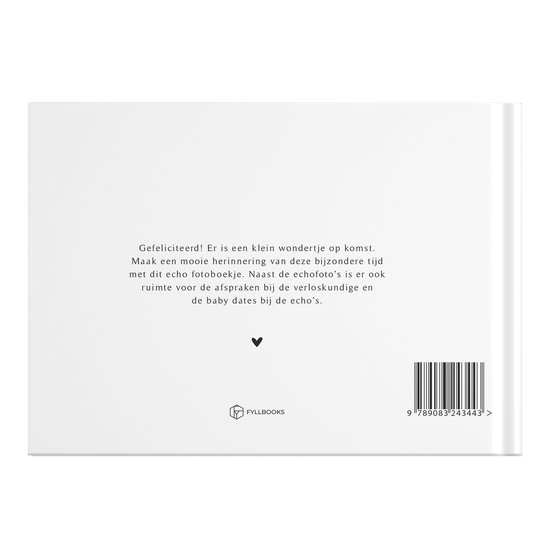 De achterkant van een wit 'echo's' fotoboekje met tekst en een barcode.