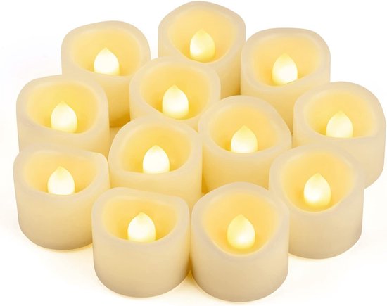 12 stuks Flikkerende LED Theelichten Votief Kaarsen - Batterij Bediend - Voor Halloween, Kerstmis, Bruiloft Decoratie (Warm Wit)