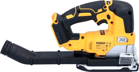 De gele en zwarte DeWalt 18V XR decoupeerzaag met een stofafzuigbuis.
