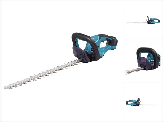 Makita heggenschaar met turquoise body, zwart handvat, metalen snijblad en losse beschermkap.