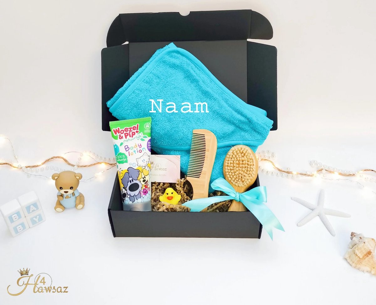 Goedkoopste Gepersonaliseerde kraamcadeaus - Babygeschenksets 5 stuks - Hawsaz.nl cadeau - Baby verzorging - Geboortecadeau - babyshower - Babyset - Badcape - Genderneutraal baby cadeau