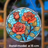 Raamhanger Raamdecoratie Rode Rozen - Kleurige Zonnevanger Rond Acryl met Ketting - Bloemen - Suncatcher Rond model 15 cm %%