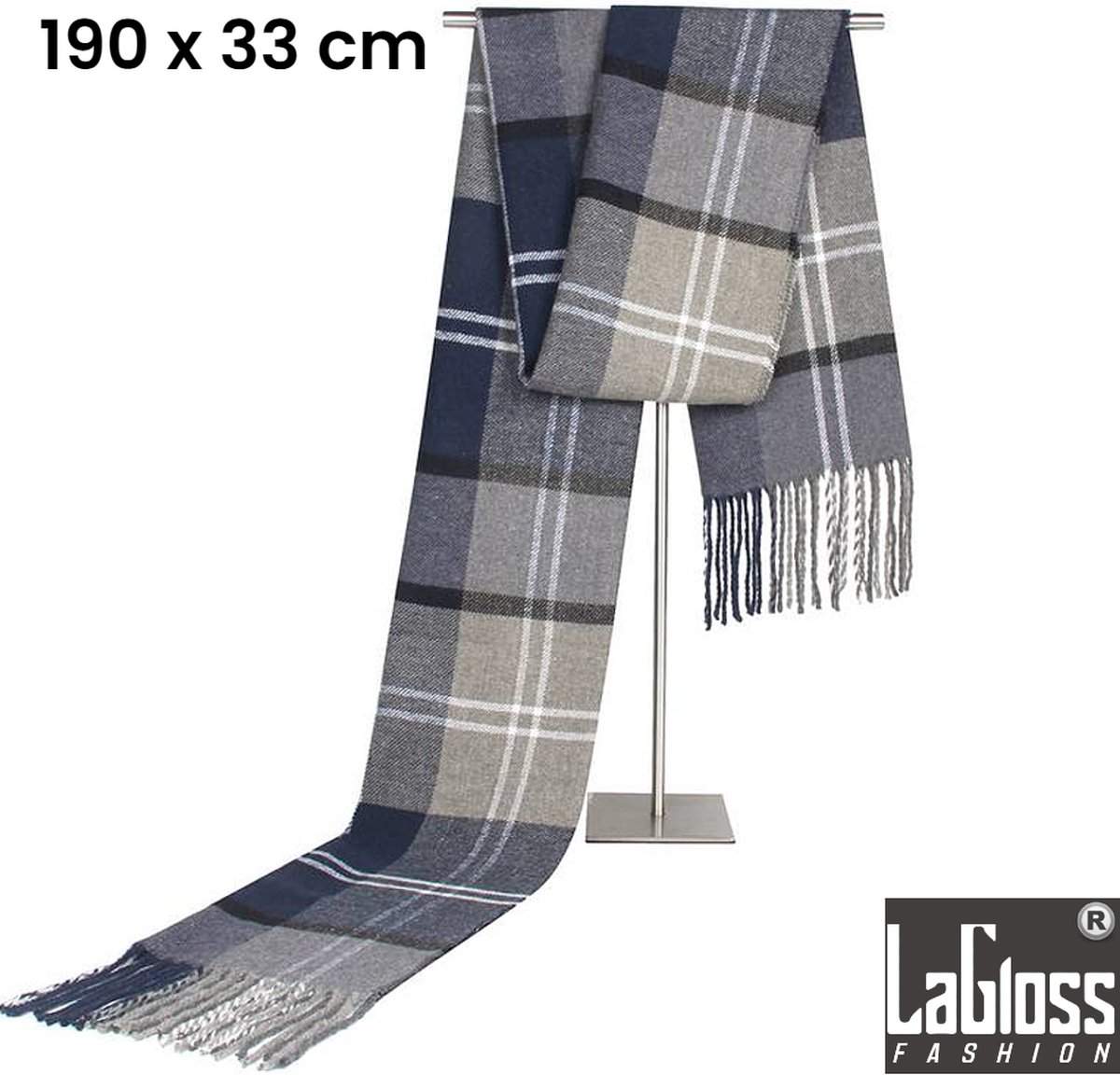 LaGloss® Geruite Unisex Herensjaal - Verdikte Warme Sjaal - Grijs Blauw Kleurblok - Poyester - 190 x 33 cm %%
