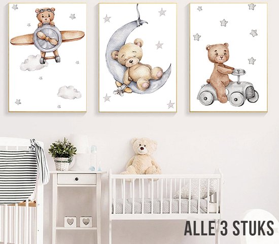 Allernieuwste.nl® Canvas Schilderijen 3 STUKS Droom Beertjes voor de Kinderkamer - Babykamer - Kleur - 3 stuks elk 30 x 40 cm