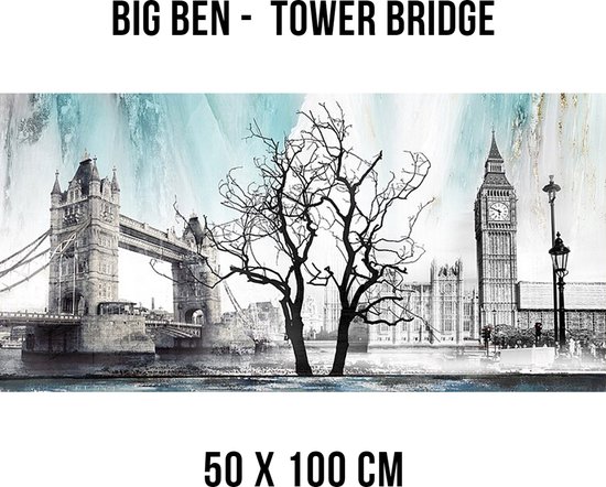 Allernieuwste.nl® Canvas Schilderij Big Ben Tower Bridge Engeland - kleur - 50 x 100 cm