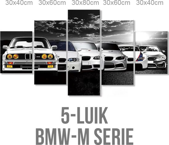 Allernieuwste.nl® Peinture sur toile 5 panneaux BMW Série M - Sport automobile - Poster - 5 panneaux 80 x 150 cm - Zwart Wit.