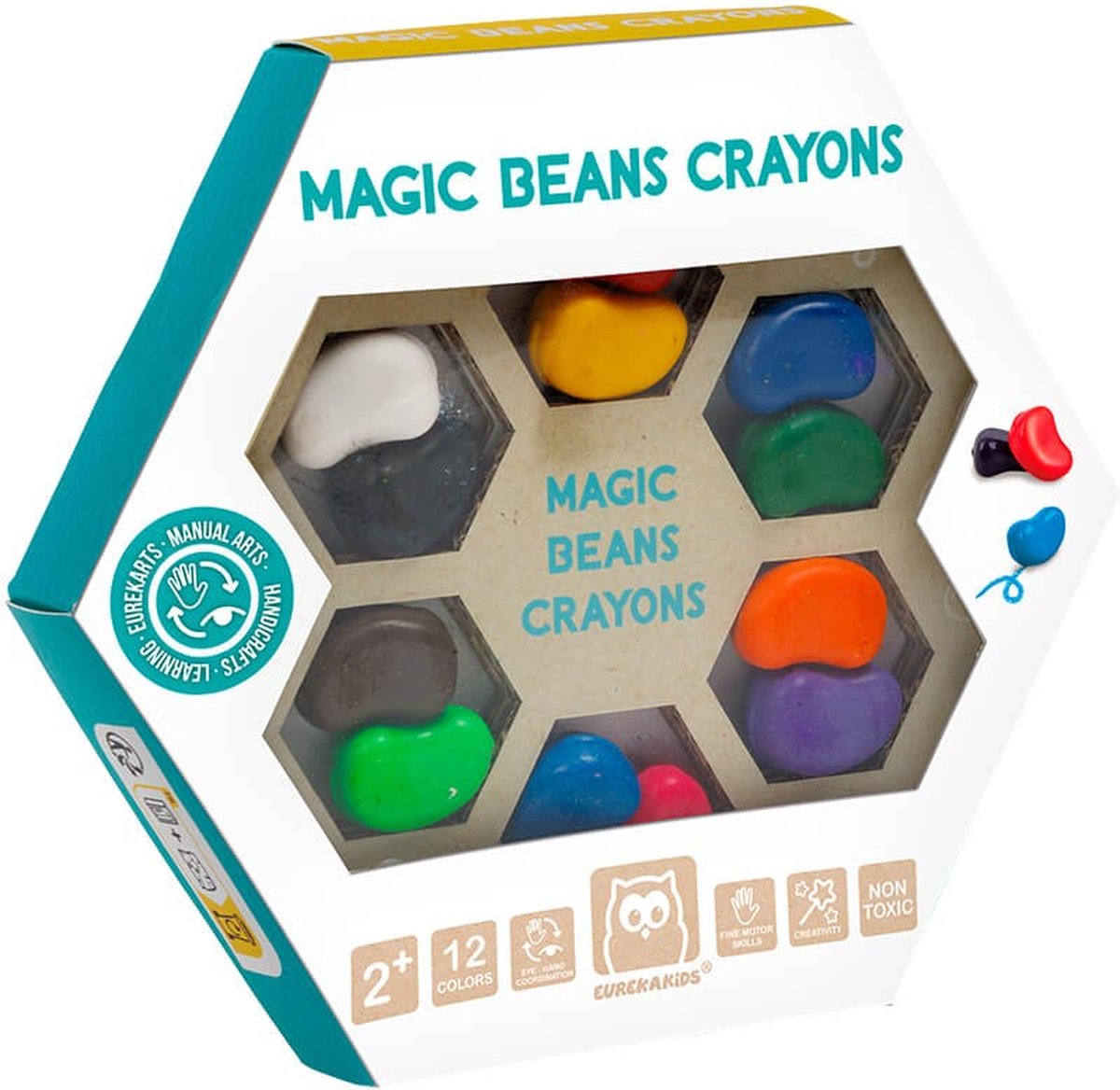Eurekakids Magic Beans Krijtjes 12 Kleuren Waskrijt met Egonomische Vorm 100% Veilig