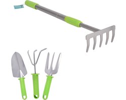 Groen & Zilveren Tuingereedschap Set | Gemaakt Van Metaal En Plastic| Inhoud1 Hark En 3stuks Tuingereedschap | Hark verstelbaar tot 90 cm | Tuingereedschap met 25*8cm| Onmisbaar Voor Tuinonderhoud