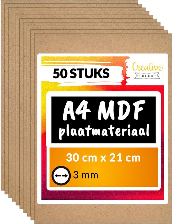 Emballage de 50 pièces de plaques A4 MDF. Dimensions 30cm x 21cm, épaisseur 3mm. Logo Creative Deco.