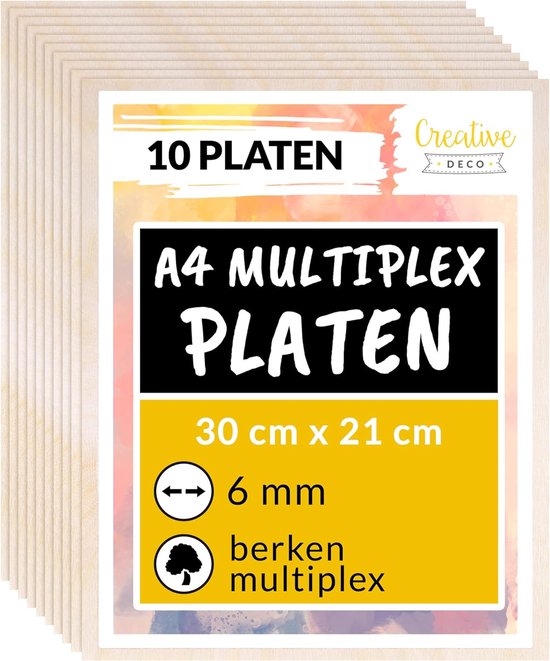Creative Deco A4 Contreplaqué 6mm – 300x210mm – 10 pcs., Bois de Bouleau de la Baltique