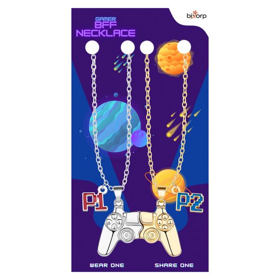 Bixorp Gamer BFF Ketting voor 2 met Magnetische Controller Hanger - Player 1 & Player 2 - Gaming Cadeau voor Beste Vrienden - Goud/Zilverkleurig - 45cm