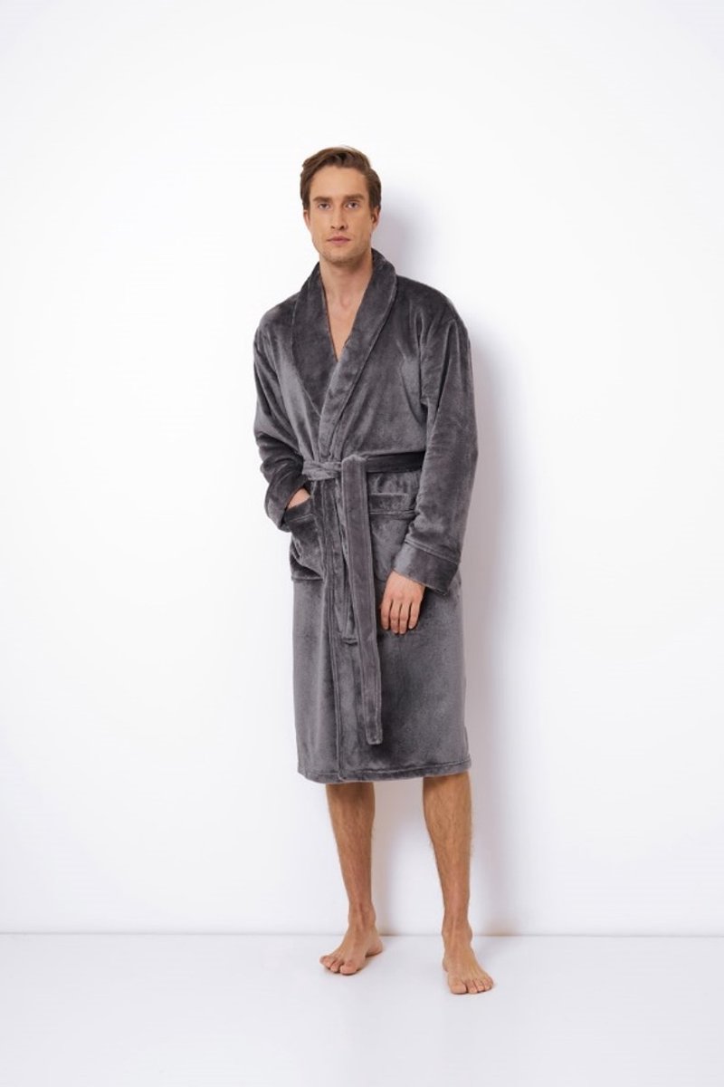 Luxe badjas heren – grijze badjas met luxe details – kroon borduring - herenbadjas zacht – luxury bathrobe – 100% fleece – maat S