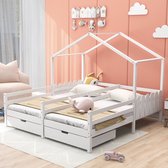 Sweiko Huisbed, Tweepersoonsbed, Kinderbed met 2 MDF lades, lades op wielen, dennenlattenboden, Wit (90x200cm*2)