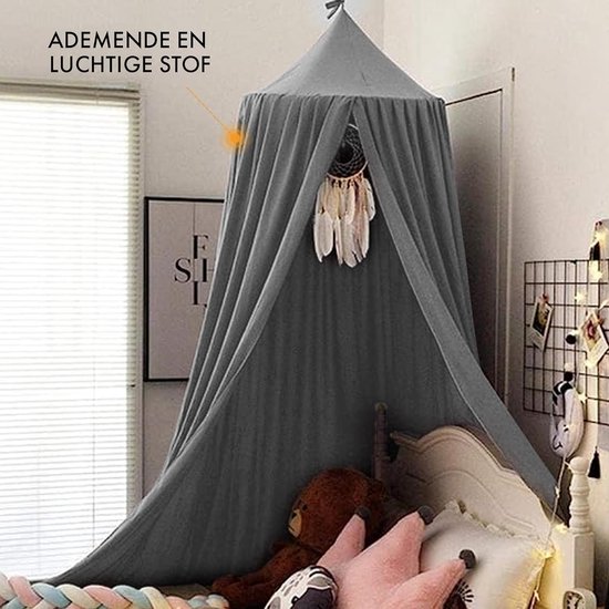 Foto: Baldakijn kinderkamer 245 cm in 5 kleuren bedhemel meisjes jongens baby hemelbed gordijnen muggennet dubbel bed hemel babybed canopy grijs