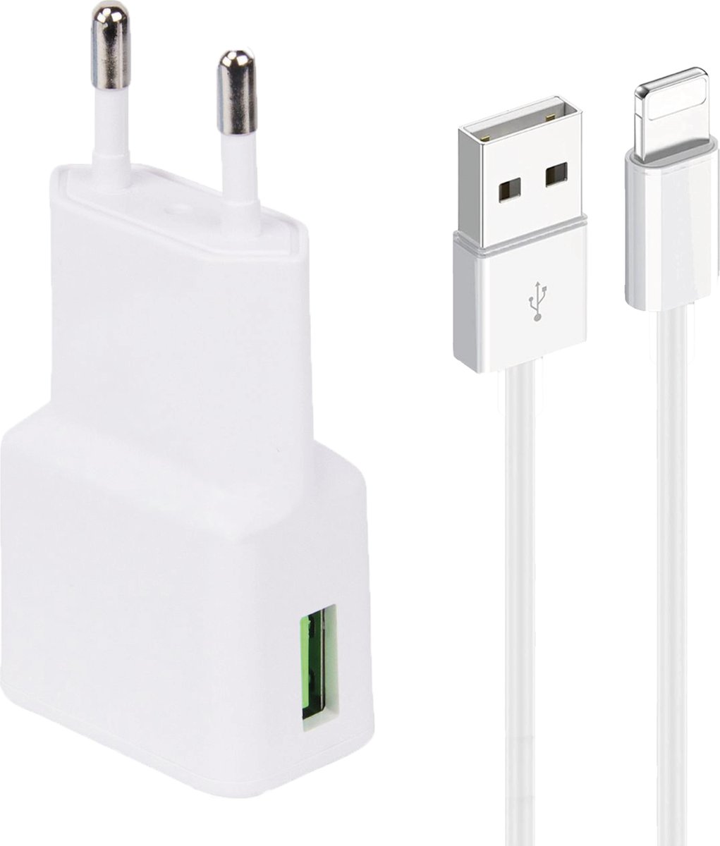 Snellaad Oplader - Snellader Geschikt voor iPhone en iPad - 2 Meter - Oplaadkabel - 15W Vermogen - Adapter USB - Incl. Lightning Kabel - Adaptive Fast Charger - Stekkerblok - Wit
