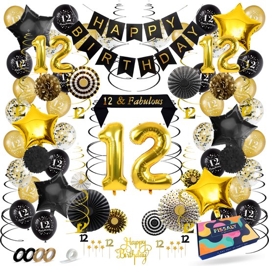 Fissaly 12 Jaar Verjaardag Decoratie Versiering - Ballonnen – Jubileum - Jongen & Meisje - Zwart en Goud