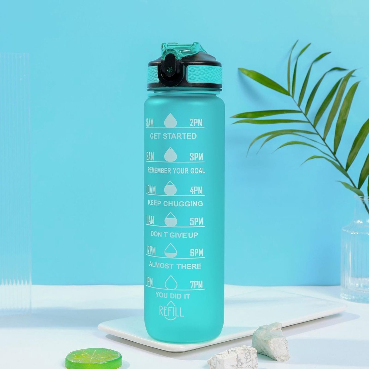 Flessie Waterfles met motivatie 1 liter - groen - turquiose - Drinkfles - met rietje - BPA vrij - Tijdmarkering - Drinkfles - Tijdmarkering - Motivatiefles - Volwassen - Kinderen