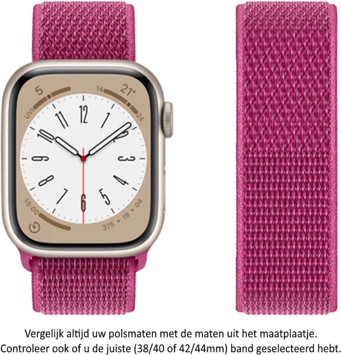 Paars / Roze Nylon Sporthorloge Band voor Apple Watch 1, 2, 3, 4, 5, 6, 7, 8, SE, 42mm, 44mm & 45mm "Mannenbreedte" Series - Zacht Geweven Nylon - 42 mm, 44 mm en 45 mm - Purple / Pink - Maat: zie maatfoto