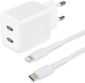 USB C Adapter - Snellader Geschikt voor iPhone en iPad - 2 Meter - Oplaadkabel - PVC Materiaal - GaN Oplader - Dubbele USB C Poorten - 45W Vermogen - Incl. Lightning Kabel - Stekkerblok - Wit
