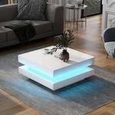 Vierkante salontafel in wit, moderne technologische stijl met 16-kleuren LED verlichting, 70x70x36 cm, max. lading 30 kg