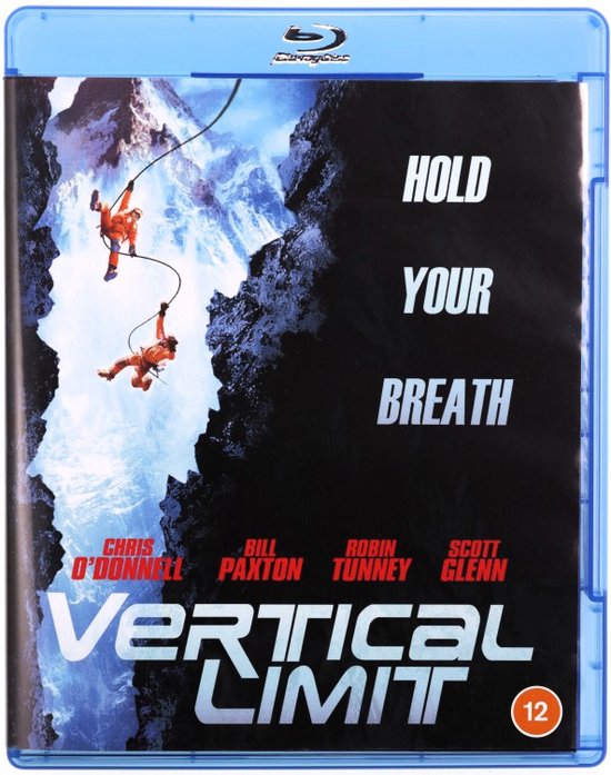 Voorzijde van de Blu-ray hoes van 'Vertical Limit' met klimmers aan een touw en de tekst 'HOLD YOUR BREATH'.
