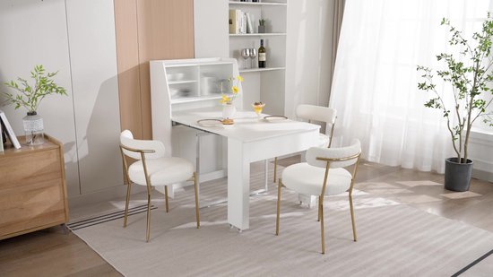 Sweiko Uittrekbare Eettafel, L52/132.5*B80*H76cm, Eetkamer opbergkast, Eettafel met opbergruimte, Rechthoekige eettafel, Koffielounge tafel, Ruimtebesparende multifunctionele eettafel, Wit
