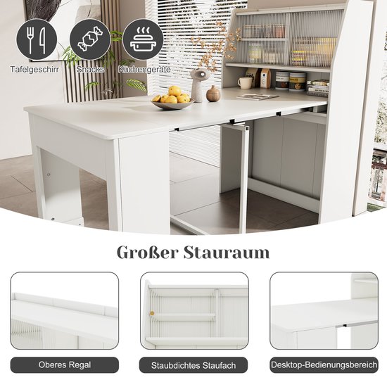 Witte tafel met opbergkast, uitgeschoven tot eettafel voor 2-3 personen, gevuld met servies en snacks.