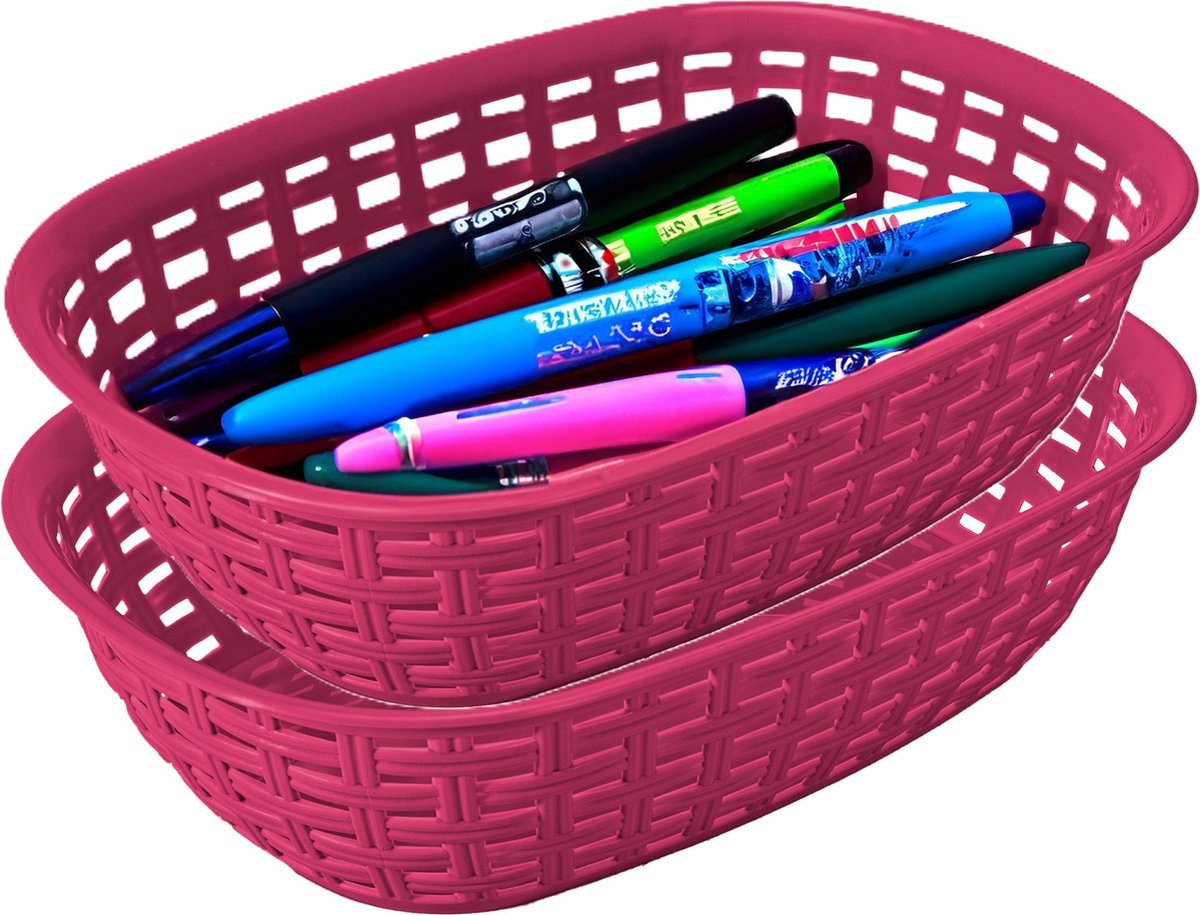 Hega hogar Opbergmandje kastmandje 2x fuchsia roze 3 liter kunststof 21 x 30 x 7 cm kleine opslag bakjes manden