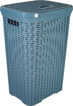 Hega Hogar Wasmand met deksel Rotan - denim blauw - gevlochten kunststof - 60 liter - 34 x 43 x 62 cm