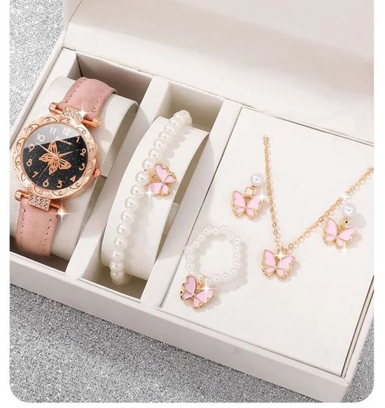 Horlogeset voor dames Roze Parel Vlinder - geschenkdoos - cadeau set met horloge - ketting - armband - oorbellen- valentijn cadeautje voor haar - moederdag cadeau- kerstcadeau - sinterklaascadeau Geschenk - Fashion - Elegant - Dames - Vrouw