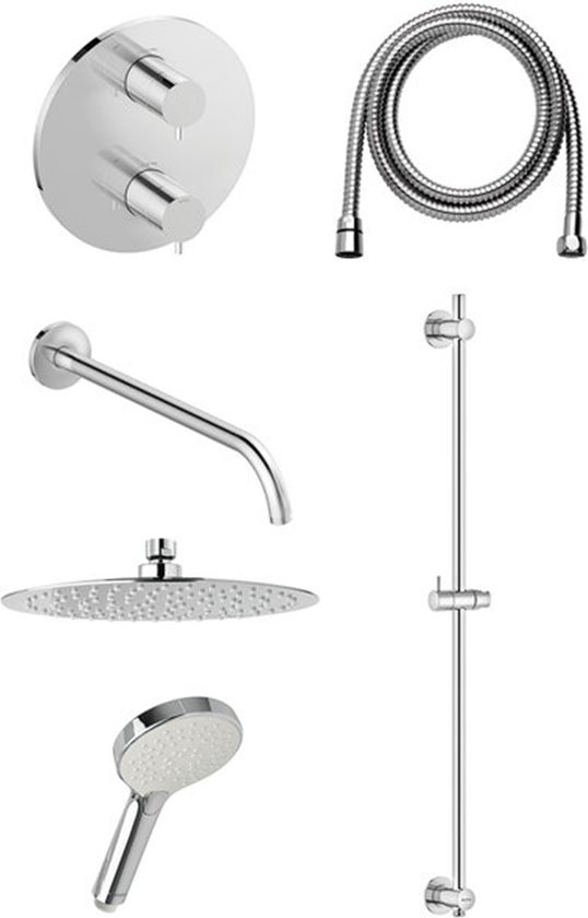 Douchesysteem met thermostaat, 40 x 40 cm, inbouw, regendoucheset, douchezuil, douchearmatuur, regendouche, roestvrij staal, in hoogte verstelbaar, douchestang, douchezuil set