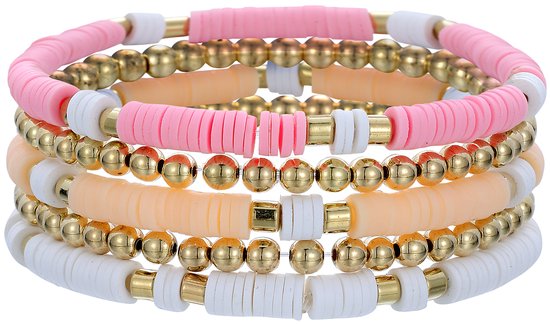 Malinsi Armband Dames Set 5 Stuks - Roze Wit 18cm rekbaar - Sieraden Armbanden Vrouw