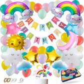 Fissaly 73 Stuks Regenboog Wolken Decoratie Set – Feest Versiering met Pastel Ballonnen – Feestdecoratie Verjaardag & Themafeest - Feestversiering met slingers, cupcake topper, taarttopper & eenhoorn tattoos voor kinderen