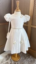 luxe feestjurk met tasje-moderne jurk voor meisjes-galajurk-vintage jurk-effen feestjurk-bruiloft-foto-verjaardag-doopsel-parels-steentjes-bloemen-creme witte kleur-katoen- 2 tem 3 jaar maat 98