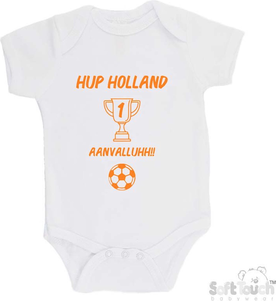 100% katoenen Romper "Hup Holland AANVALLUHH!!" EK Voetbal Europees Kampioen Kampioenschap Oranje Unisex Katoen Wit/oranje Maat 68/74