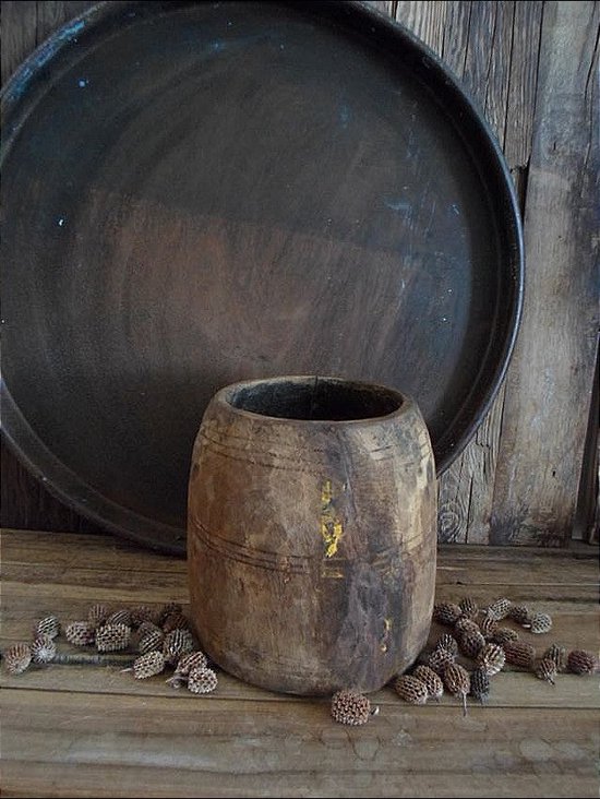 Oude houten zaadpot/Authentieke Nepalese houten zaadpot
