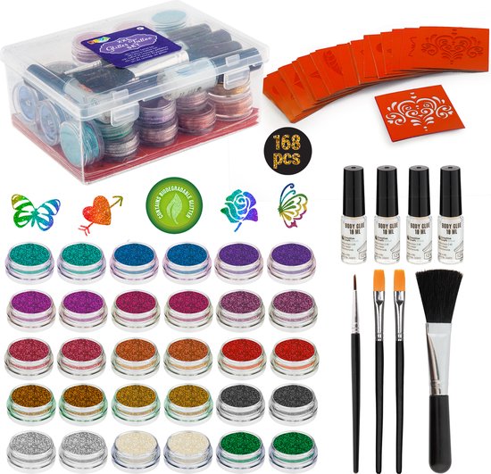 Joya Creative XXL Glitter Tattoo Set met Biologisch Afbreekbare Glitters - Festival Glitters - Festival Tattoos - Geschikt voor kinderen en volwassenen - Verkleedfeestje - Carnaval