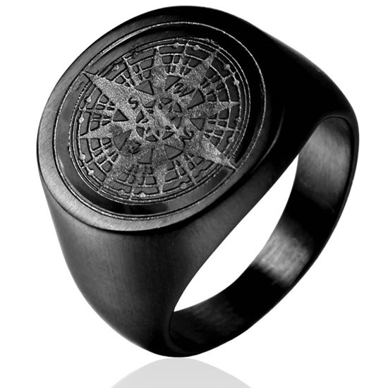 Kompas Zegelring Heren Zwart met Gravering - Staal - Ring Ringen - Cadeau voor Man - Mannen Cadeautjes