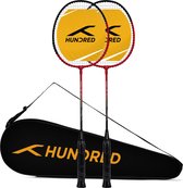 HONDERD Powertek 100 (set van 2) badmintonracket met volledige hoes (rood/zwart, maat: standaard, gripmaat: G5) | Bespannen | Materiaal: aluminium | Maximale spanning: 16-18 pond | voor gemiddelde speler