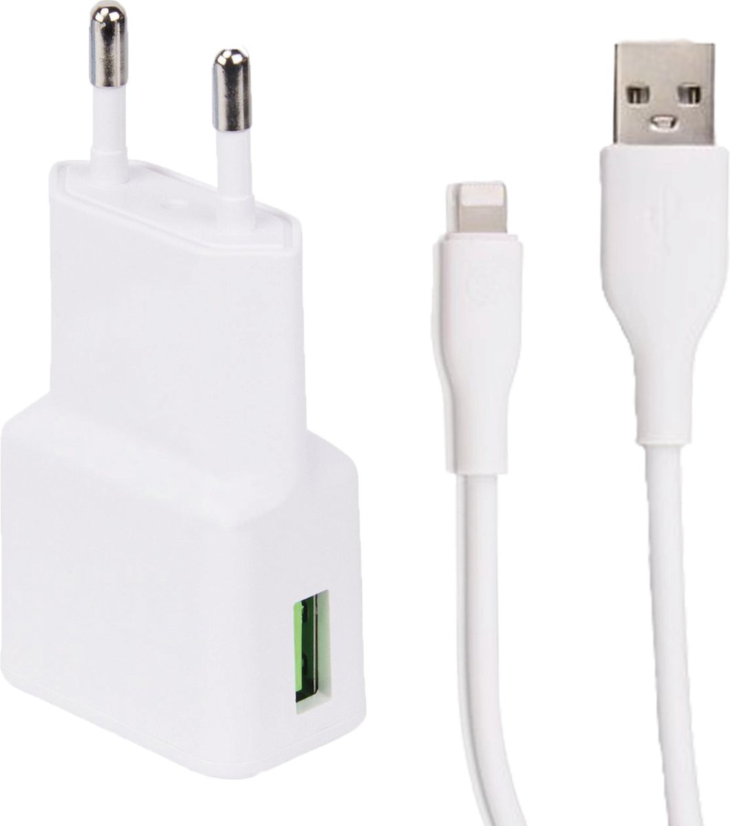 Snellaad Oplader - Snellader Geschikt voor iPhone en iPad - TPE Materiaal - 2 Meter - Oplaadkabel - 15W Vermogen - Adapter USB - Incl. Lightning Kabel - Adaptive Fast Charger - Stekkerblok - Wit