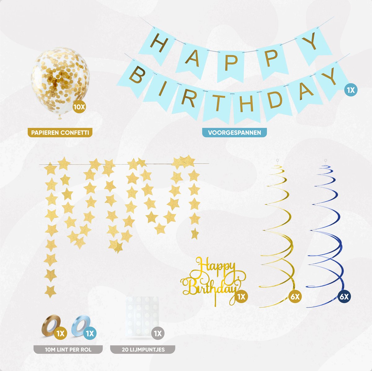 Fissaly Verjaardag Slinger Blauw & Goud met Papieren Confetti Ballonnen – Decoratie – Happy Birthday - Letterslinger — afbeelding 2