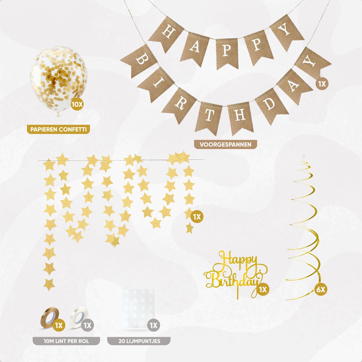 Fissaly Verjaardag Jute Slinger met Papieren Gouden Confetti Ballonnen – Decoratie – Happy Birthday - Letterslinger — afbeelding 2